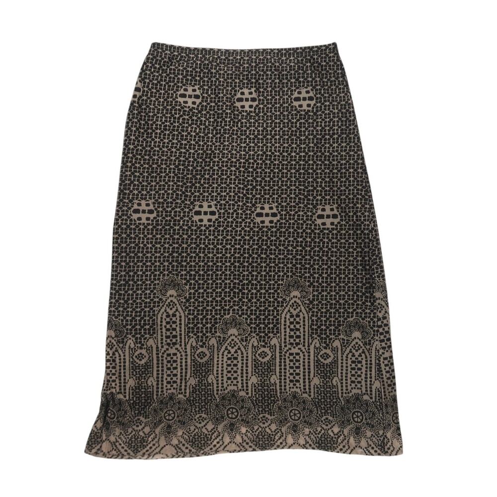Vintage 80s Henna Black and Tan Grid Mandala Print Midi Skirt S